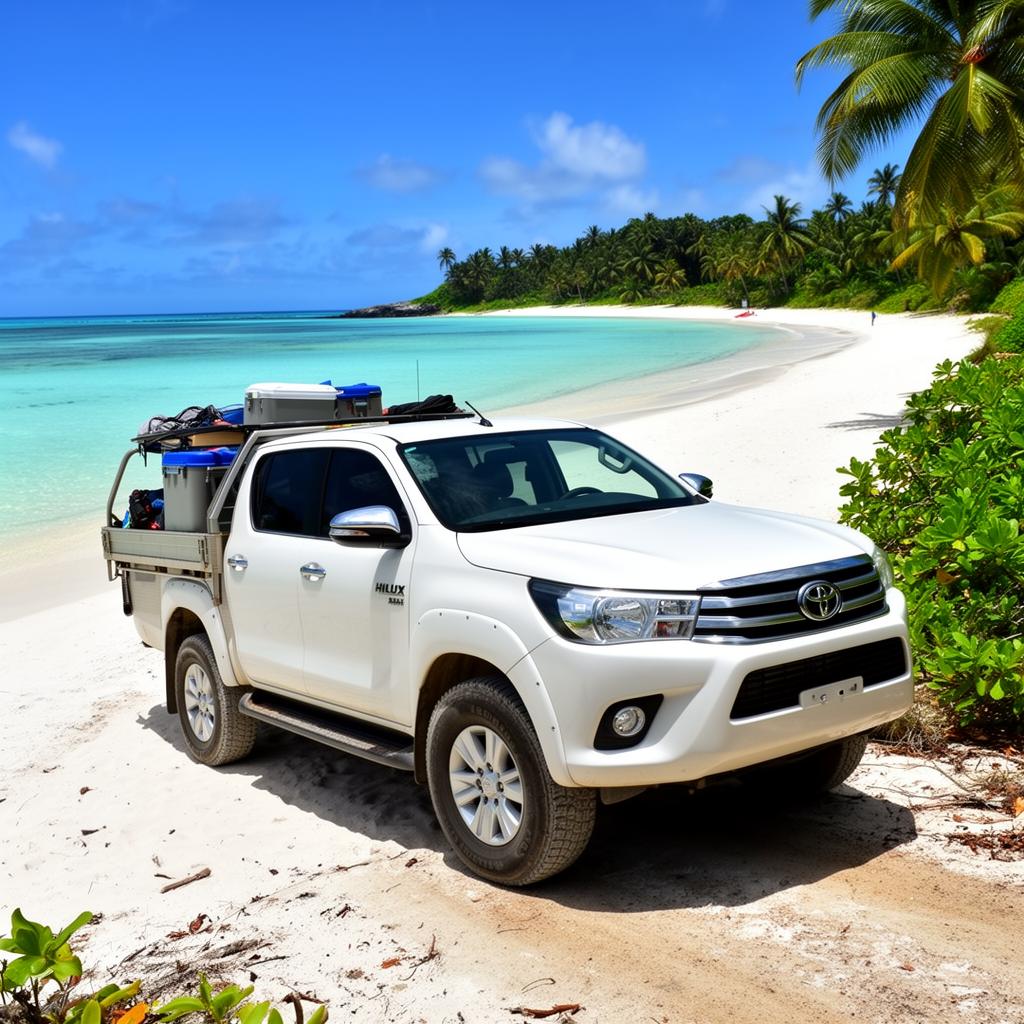 Toyota Hilux dual cab parked on a Santo coastal track